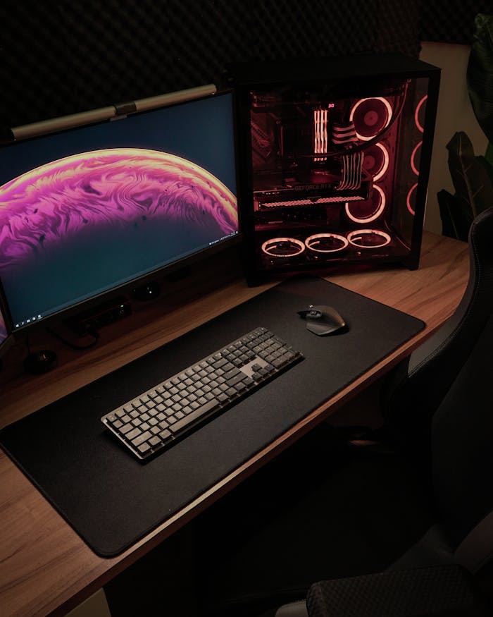 A modern computer setup with a sleek gaming PC and large monitor on a clean desk.