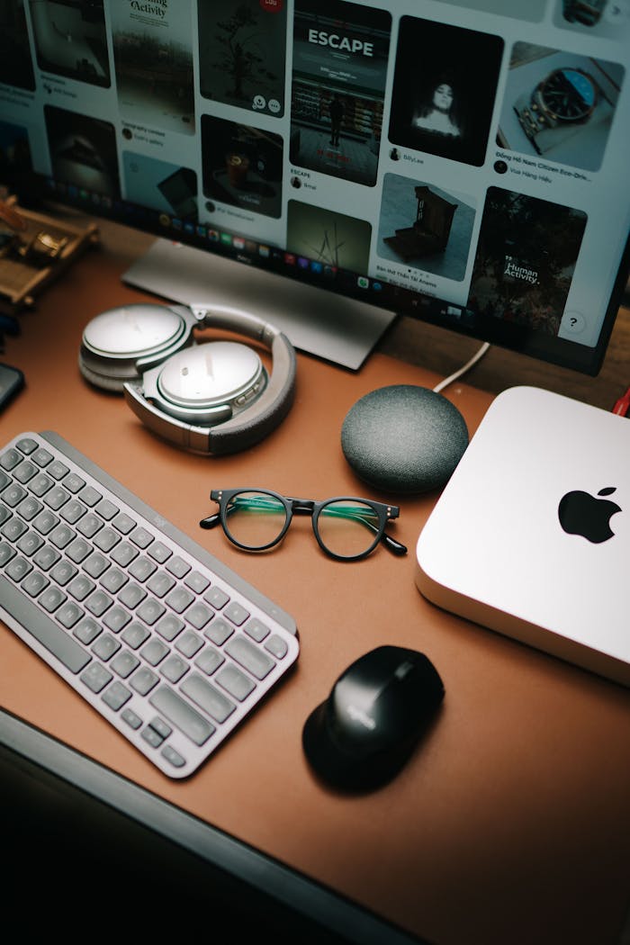 A stylish workspace featuring a keyboard, mouse, eyeglasses, headphones, and a screen displaying digital content.